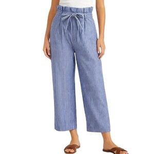 Blue Pinstripe Paperbag Tie-Waist Wide Leg Pants 4 Stretch Cotton Blend